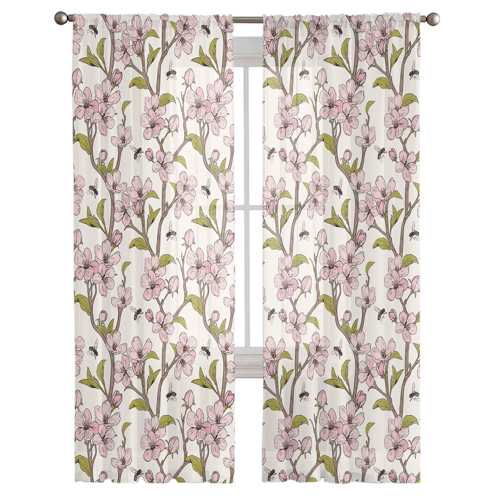 

Cherry Blossoms and Bees Sheer Curtain for Living Room Bedroom Voile Drape Kitchen Window Tulle Curtains Home Essentials