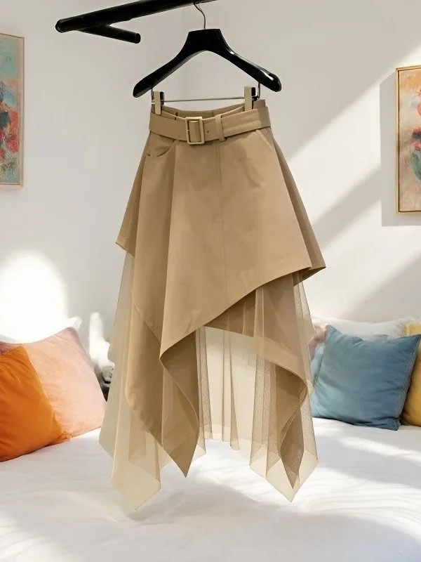 Khaki Mesh Splice Asymmetrical A-Line Skirt Women's Summer New High Waist Polyester Fiber Elastic High-End Slimming Vers...