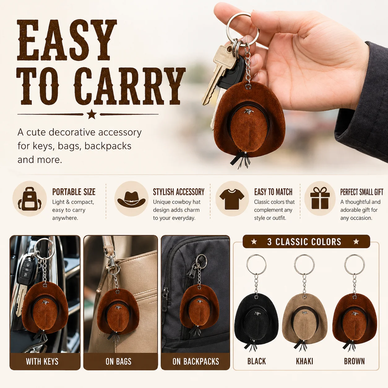 Mini Cowboy Hat Keychain - 3 Colors, Decorative Suede-like Design, Key Ring Accessory for Keys, Bags, Backpacks - Perfect Gift view 6