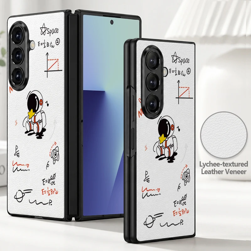 Cartoon Astronaut Printed PU Leather Phone Case For Samsung Galaxy Z Fold 8 Fold7 Fold6 Fold5 Fold4 Hard PC Frame Folding Cover