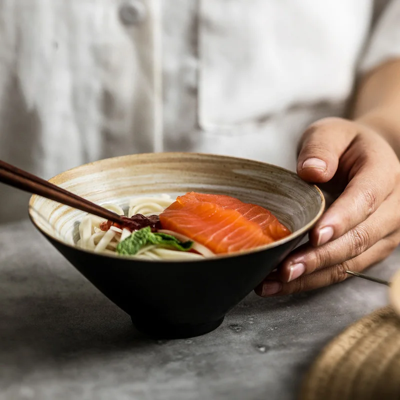 Japanese Ceramic Eating Rice Bowl and Bamboo Hat Bowl Home Retro Deep Bowl Can Be Microwave Restaurant