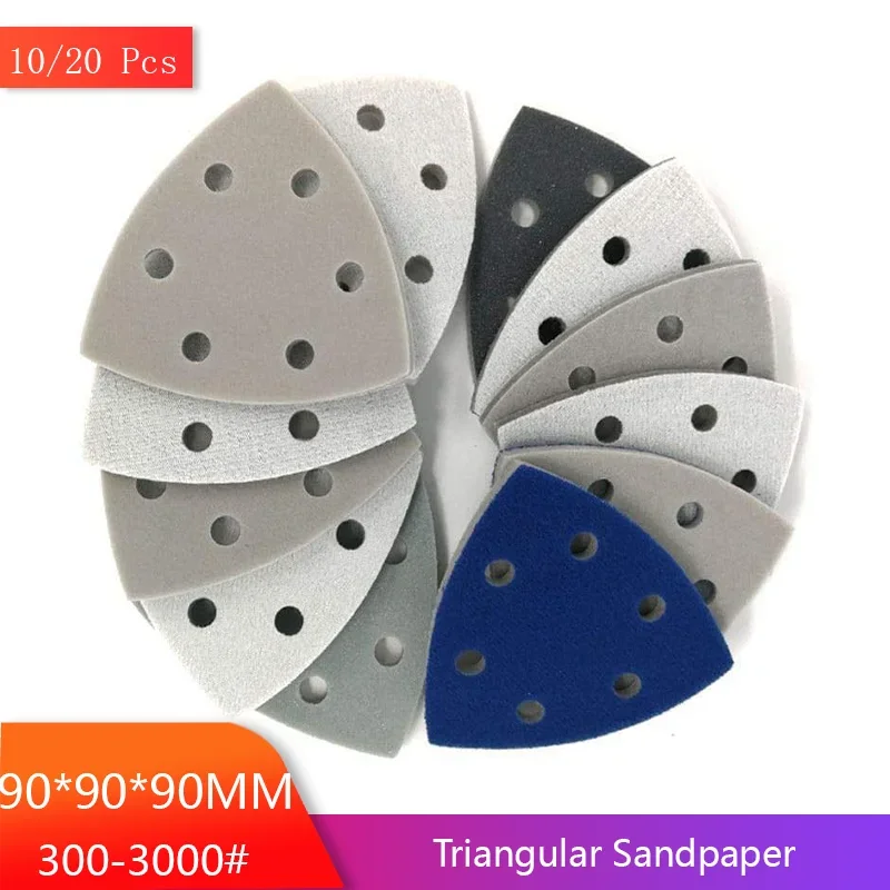 10/20 Piece Triangular Sandpaper with 6 Holes 90*90*90MM Assorted Grit 300-3000# Abrasive Sanding Tools for Polishing Grinding