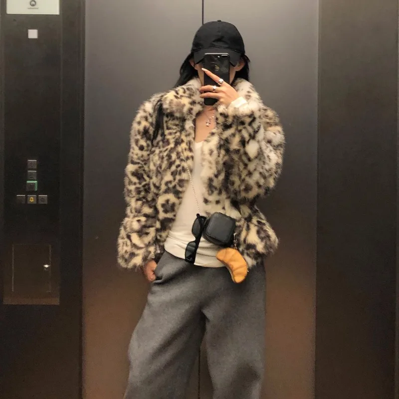 Fashion Leopard Print Faux Fur Coat for Women Luxury Turn-down Collar Long Sleeve Chic Jacket Female 2024 Autumn Winter Outwear