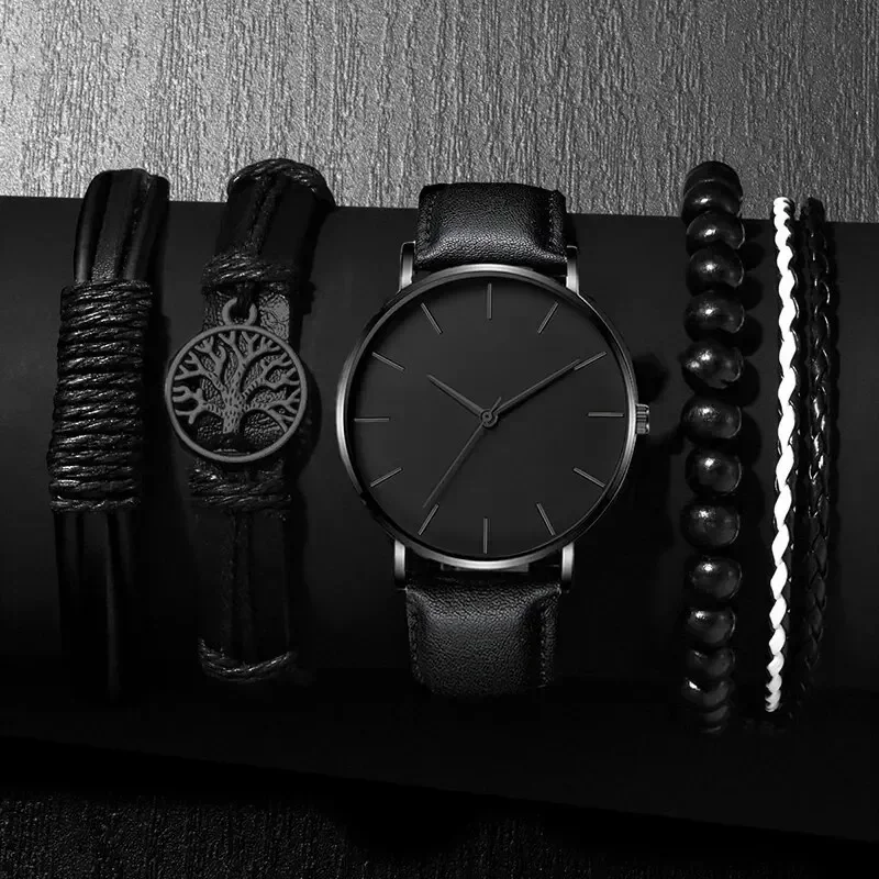 Conjunto de 5 uds. De relojes deportivos a la moda para hombre, reloj de pulsera de cuarzo de negocios, pulsera de cuero de lujo, reloj informal para hombre