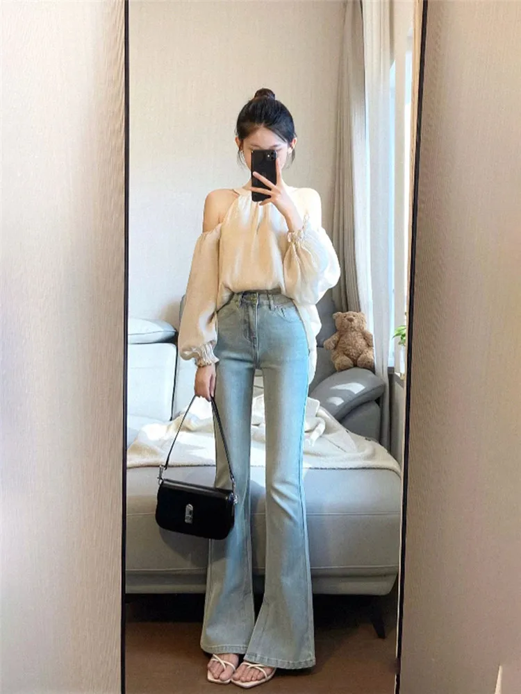 

Light Blue High Waist Bell Bottom Jeans Women's Spring Autumn Lengthened Slimming High Heel Extending Floor-Length Pants