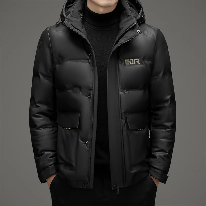 Puffer Jacket Men Leather Winter Warm Waterproof Genuine Leather Jacket Man Plus Size Sheepskin Jacket Men Hooded Down Jacket