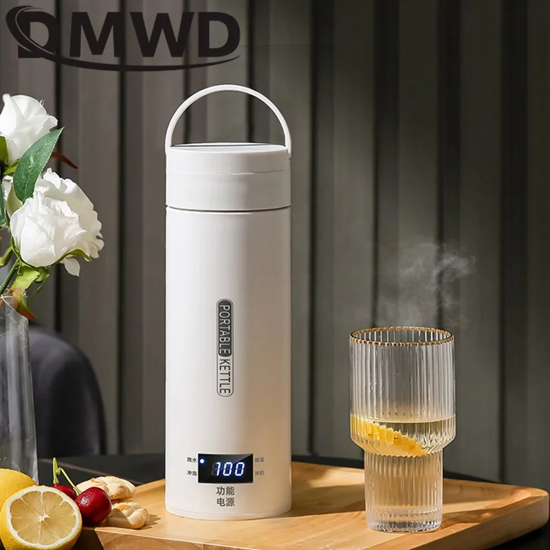 DMWD Portable Electric Heating Cup Hot Water Thermal Boiler 500ml Travel Electric Kettle Stainless Steel Insulated Water Bottle