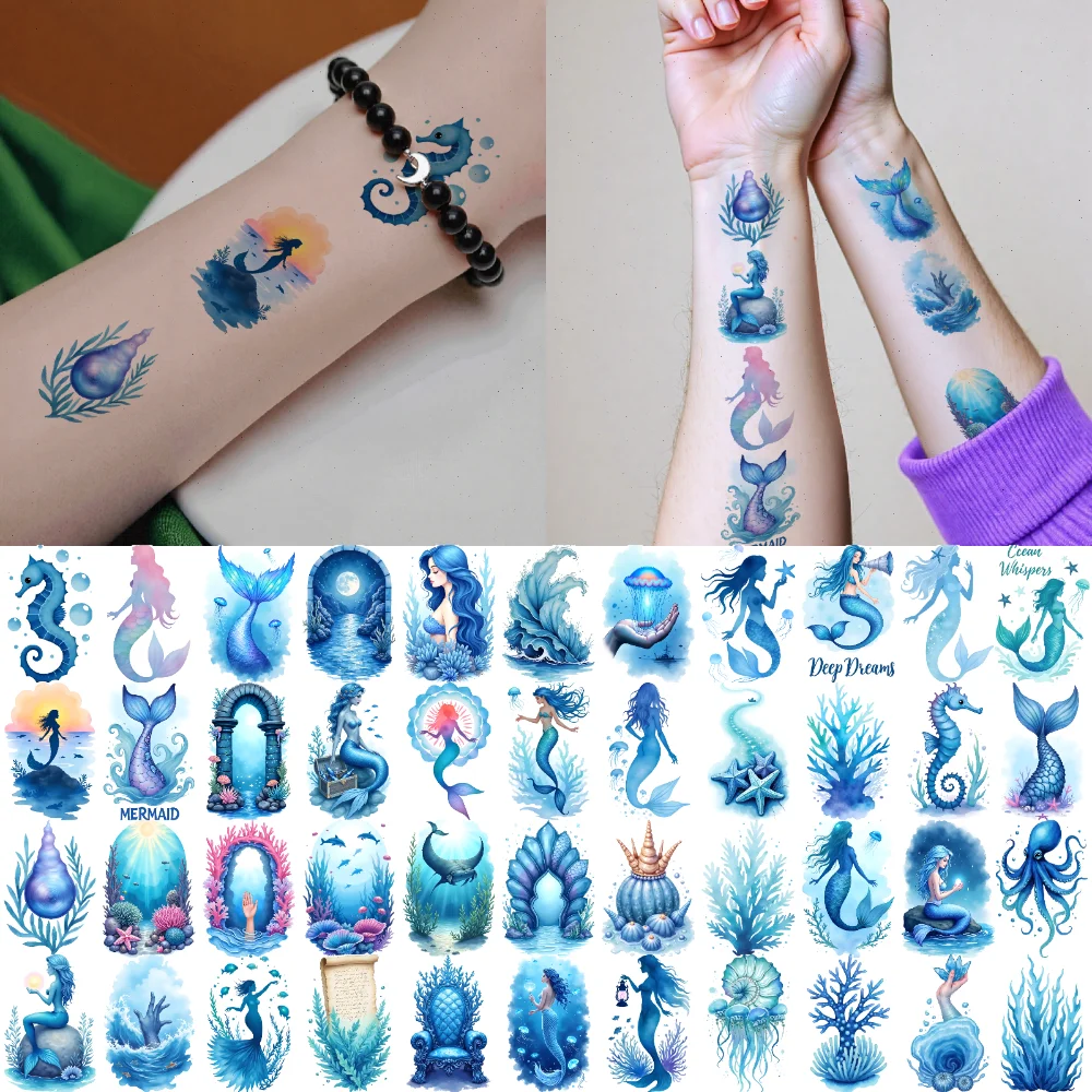 

63 шт. временные татуировки океанские существа временные татуировки наклейки изображения русалки водостойкие долговечные наклейки на тело для