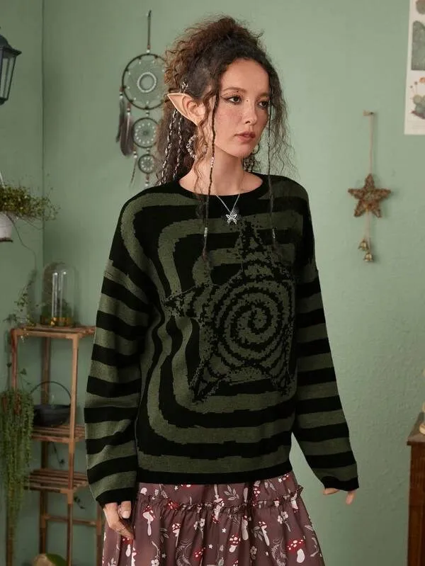 Y2K Women\'s Sweater Clothing Vintage Knitted Wool Sweater Jumper Round Neck Stripe High Neck Round Neck Long Sleeve Clothing Top