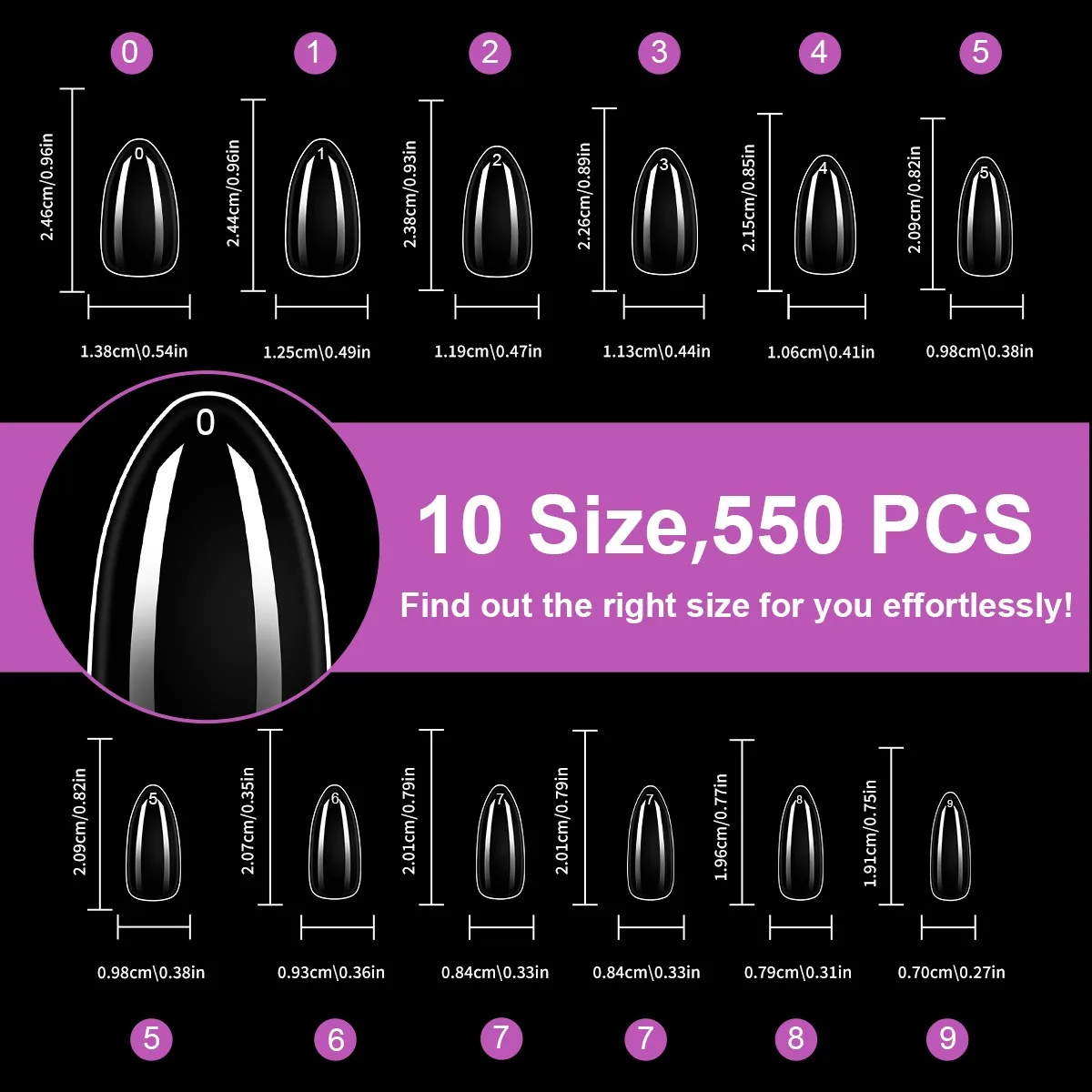 550 Stück Sargförmige Mandel-Soft-Gel-Nagelspitzen, künstliche halbe Abdeckung zum Aufdrücken, Acrylnägel in 11 Größen, künstliche Nägel, DIY-Maniküre-Verlängerungswerkzeuge – Detail 17