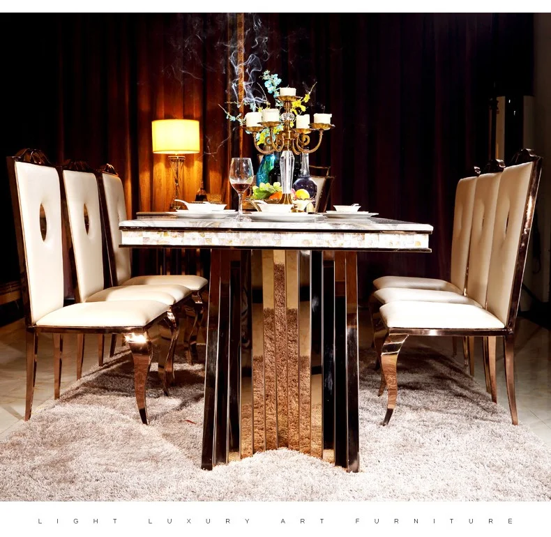 Linlimlam Luxury Dining Set: 6 Stainless Steel Genuine Leather Chair and Rectangle Marble Sea Shell Table Kitchen Room Furniture
