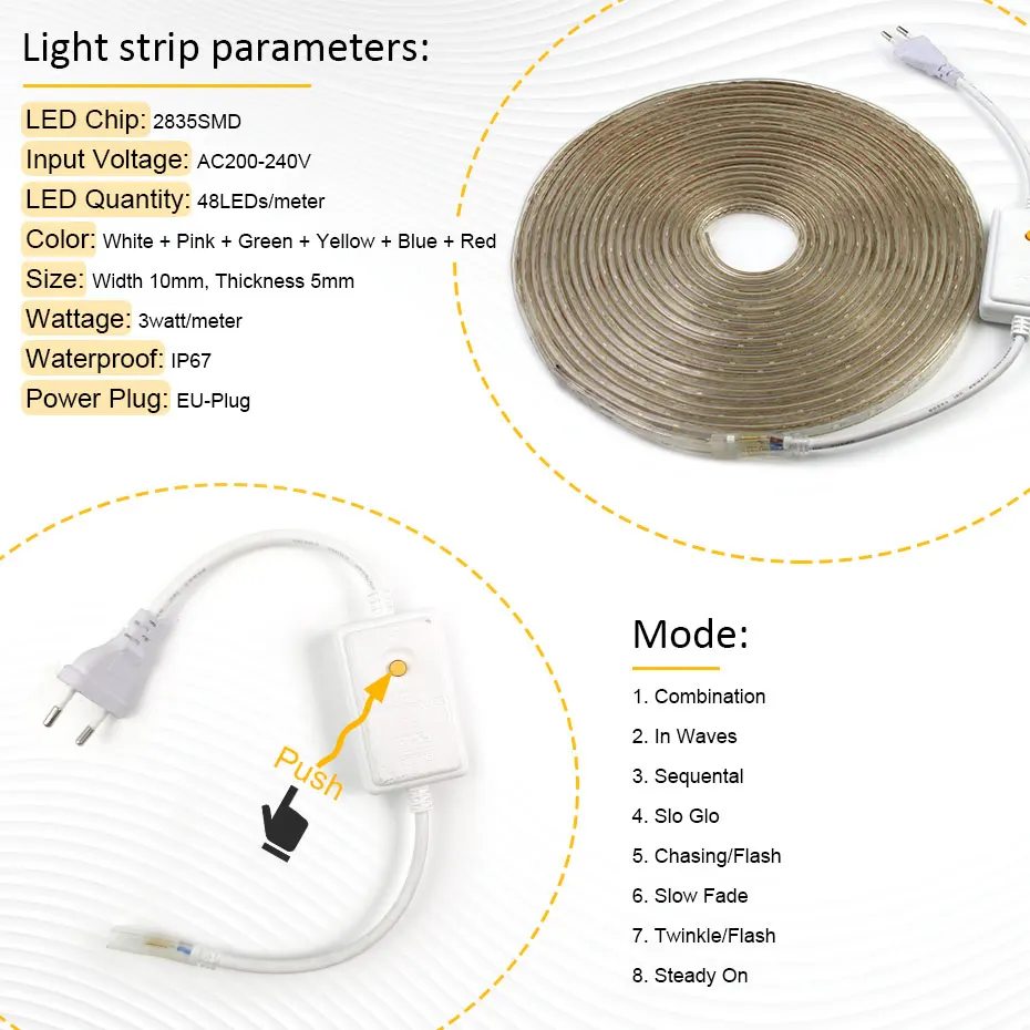 مقاوم للماء 1 متر-100 متر 6 ألوان مطاردة Led قطاع ضوء 2835 SMD المنزل في الهواء الطلق حفلة حديقة الديكور Led الشريط 220 فولت الاتحاد الأوروبي التوصيل