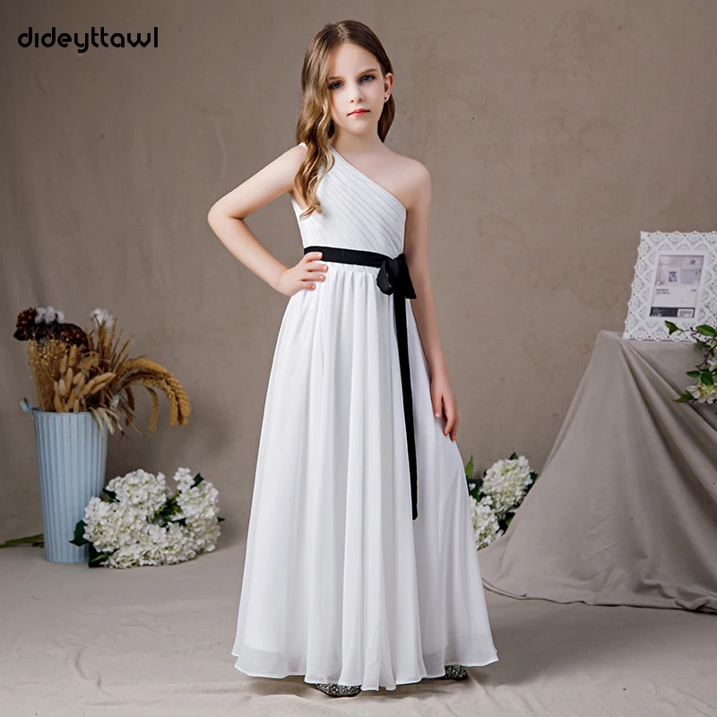 Dideyttawl White Chiffon One Shoulder Flower Girls Dress Kids Birthday Party Junior Bridesmaid Gown First Communion