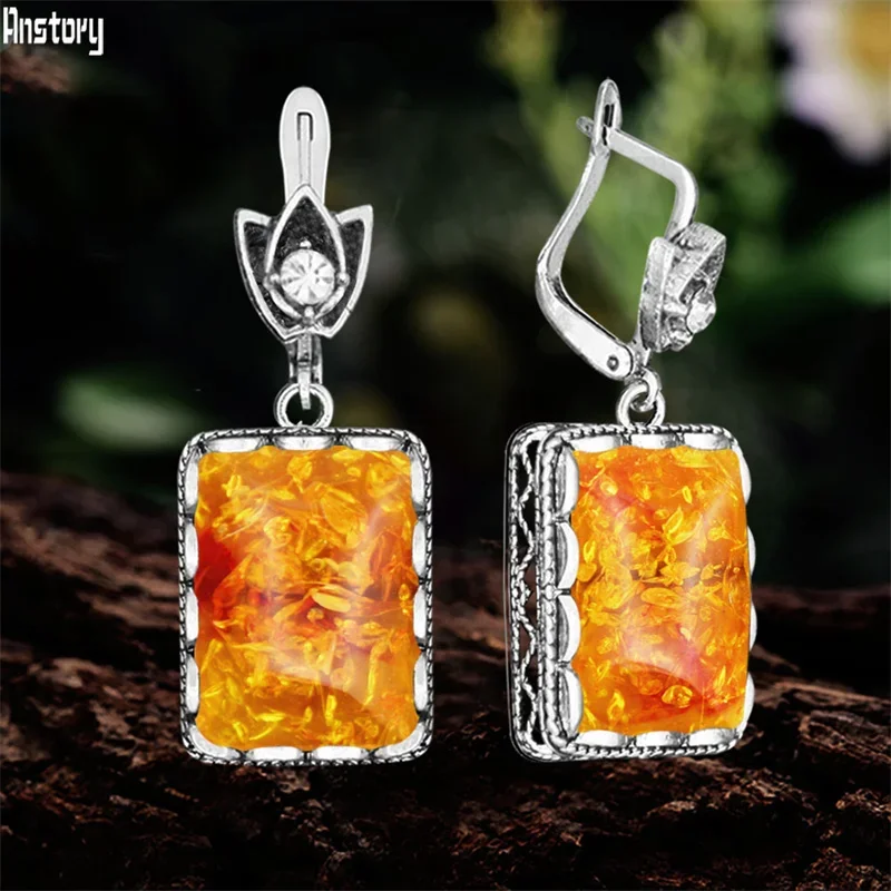 Oblong Synthetic Ambers Earrings For Women Antique Silver Plated Flower Square Pendant Vintage Earring