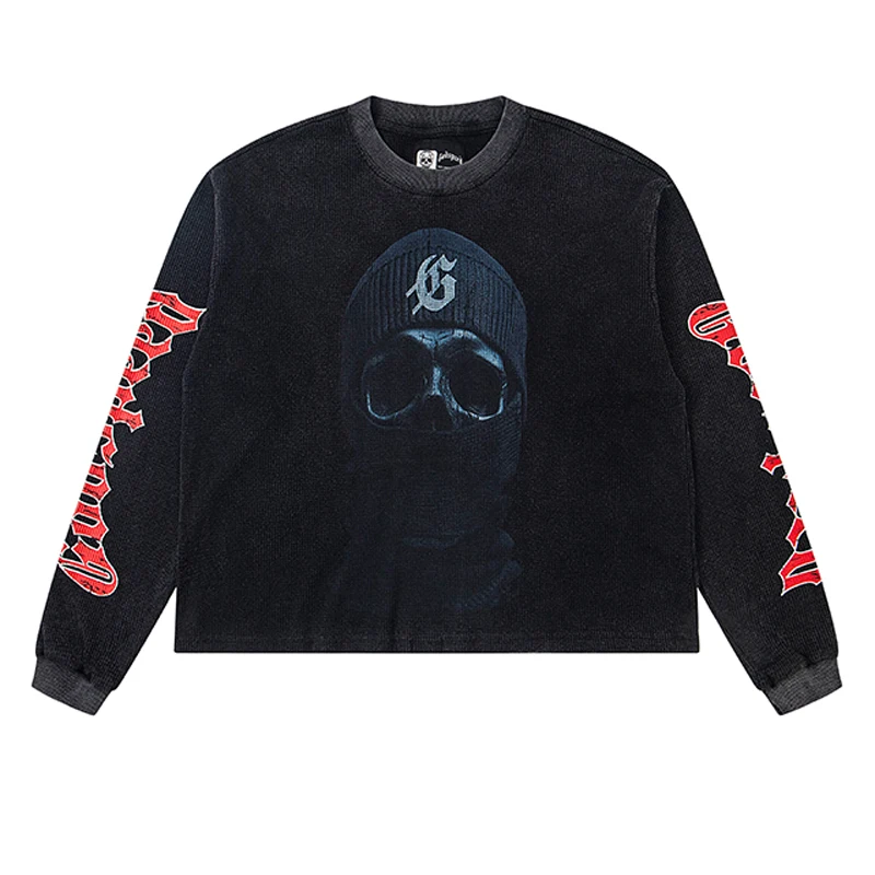 

Men's Street Waffle Godspeed Long-sleeved Unisex American Trend New Skull Print Retro Hip-hop Style GOD SPEED T-shirts