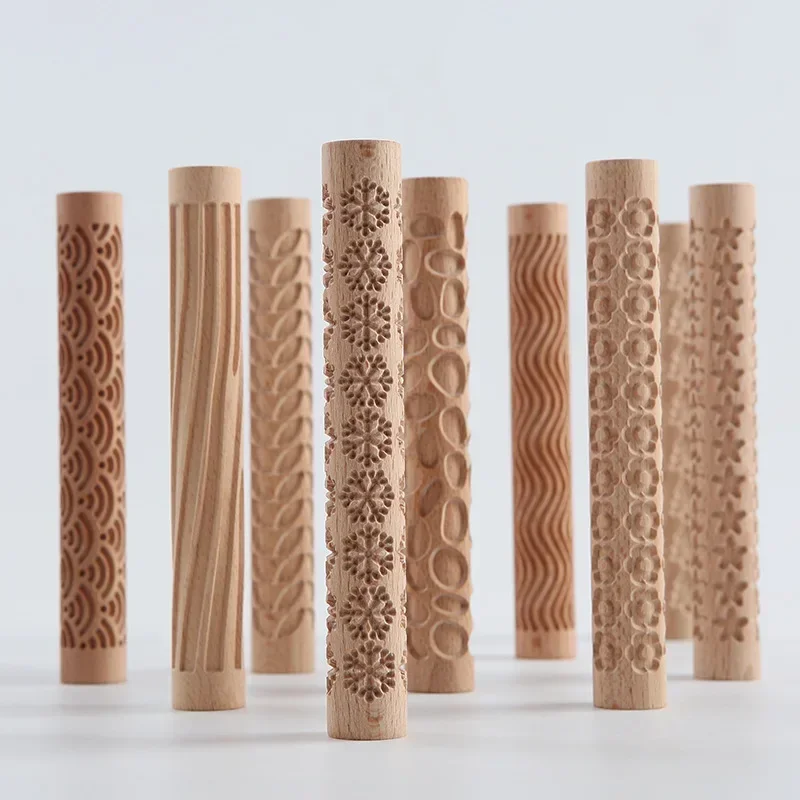 Wooden Texture Rolling Pin Ceramic Pottery Art Embossed Rod Flower Pattern Mud Roll Roll Reliefs DIY Clay Craft Tool