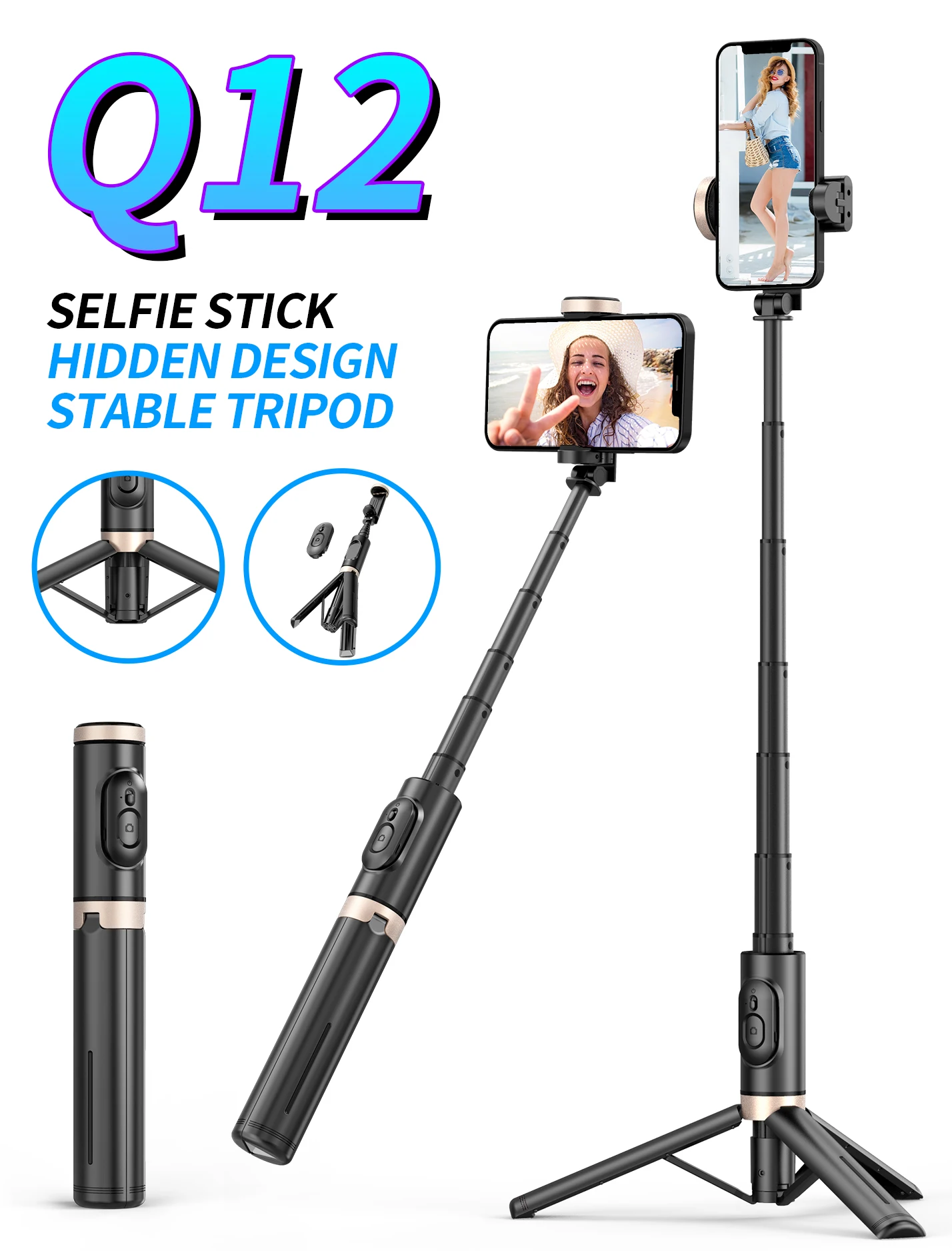 Wireless Bluetooth Selfie Stick Tripod Aluminium Alloy Adjusted Selfie Rod with Phone Holder for iPhone 14 13 12 XS Samsung