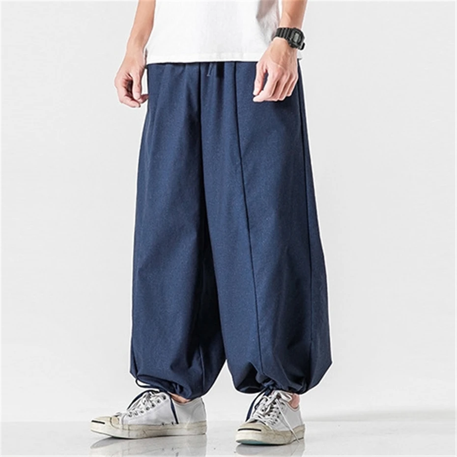 Large Size Thin Joggers Pants Mens Summer Cotton Linen Harem Trousers Men Harajuku Vintage Chinese Style Baggy Wide-leg Pant