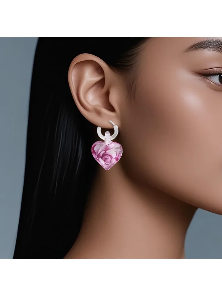 Ancient glass craftsmanship, hand-blown molded spiral inner flower love pendant, women's earrings, resin earrings, earrings