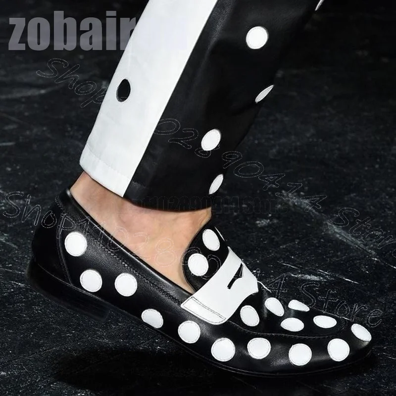 

Black White Wave Point Print Runway Loafers Fashion Slip On Men Shoes Luxury Handmade Party Feast Dating Office Men Dress Shoes