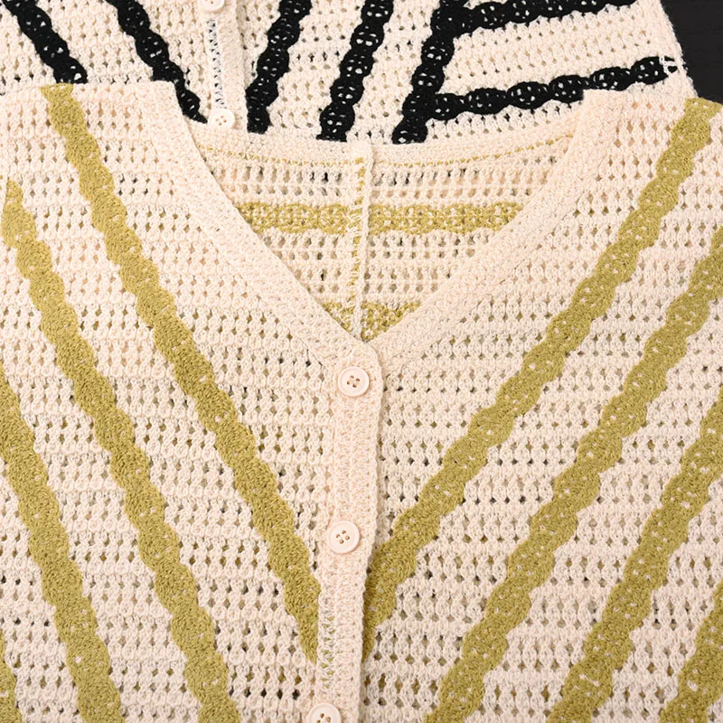 مخطط الكروشيه متماسكة سترة للنساء شير زر الجبهة أكمام صدرية أعلى فتاة في سن المراهقة الصيف بوهو عطلة الشاطئ الزي