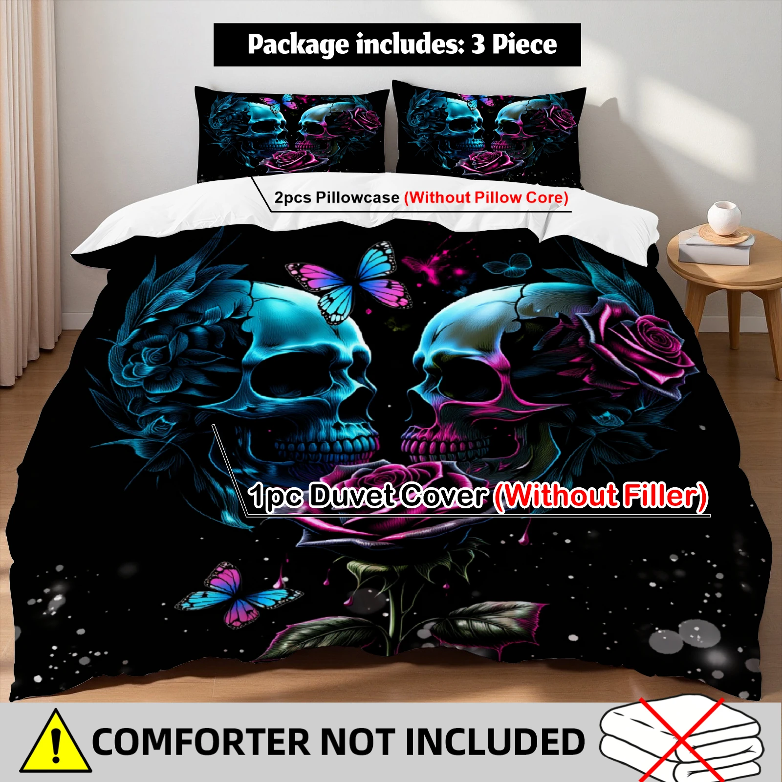 Pink Skull Rose Duvet Cover Set Gothic Skull Butterfly Bedding For Gothic Lovers Bedroom Twin Queen King Size With 2 Pillowcases