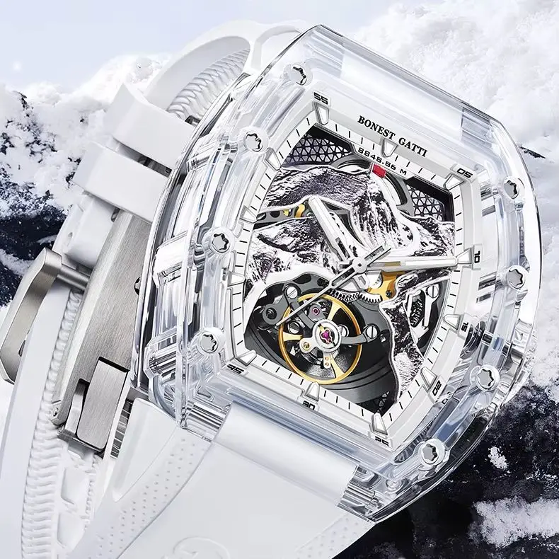BONEST GATTI Men Automatic Watch Tonneau Mechanical Wristwatch Transparent Acrylic Case Luminous Mount Everest Dial FKM Strap