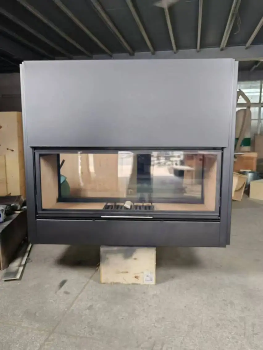 

Fireplace Freestanding Black Heating for Indoor Use Villas Hotels 2 Side Flame View European Modern Steel Wood-Burning