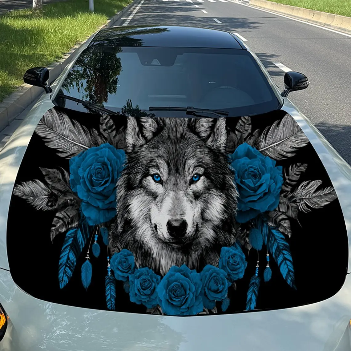 

Fantasy Blue Floral Dreamcatcher Wolf Auto Cover Sticker, Waterproof and Self-adhesive Auto Hood Decal, Auto Vinyl Wraps, Cool C