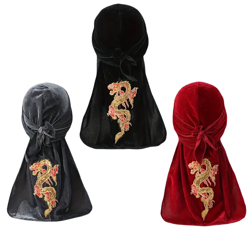 New Unisex donna uomo drago cinese ricamo Durags Classic Velvet Head Wraps cappelli da pirata elastici bandane turbanti di capodanno