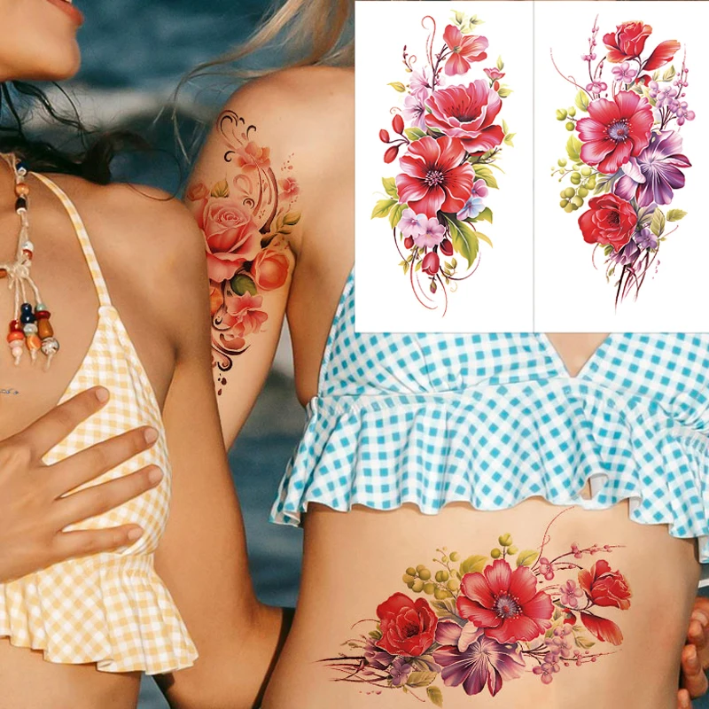 1pc Waterproof Flower Temporary Tattoos for Women Rose Floral Hand Tattoo Sexy Tattoo Stickers for Party Holiday Body Art