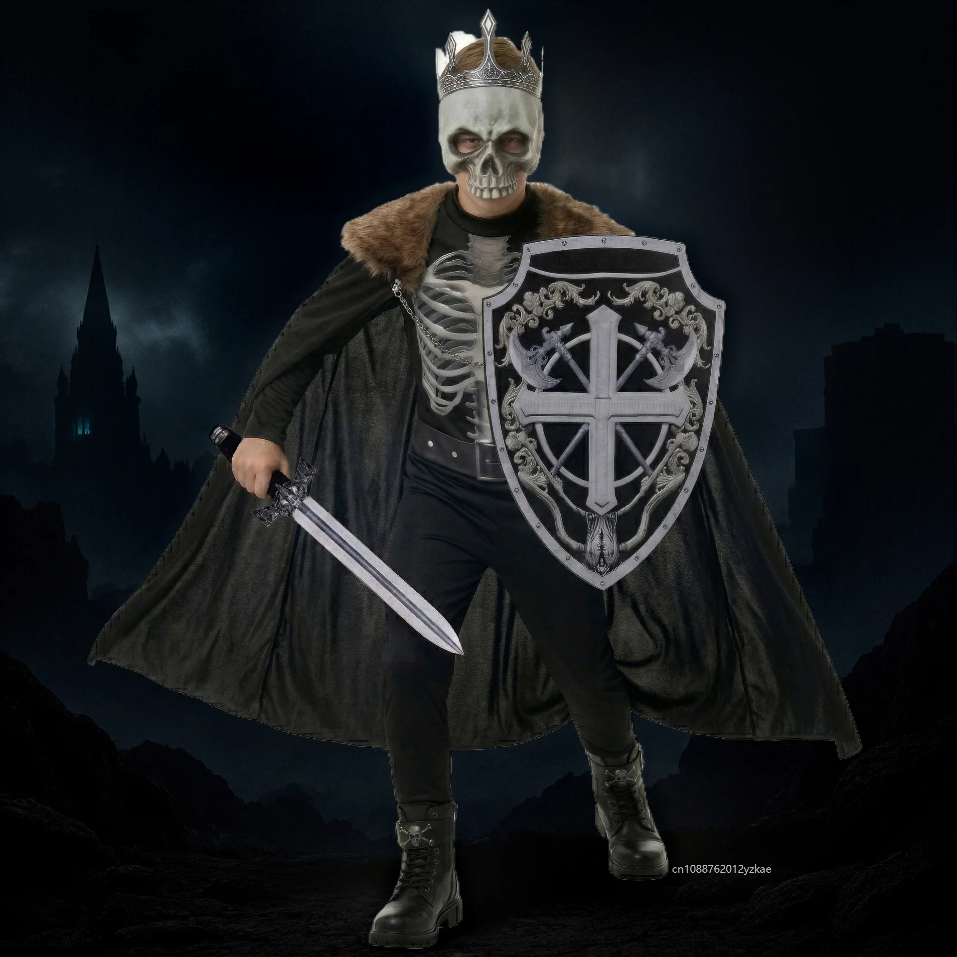 

Niños Medieval Skeleton Knight Cosplay Costume Chico Fancy Warrior Jumpsuits With Cloak Mask Set Enfant Halloween Party Dress Up