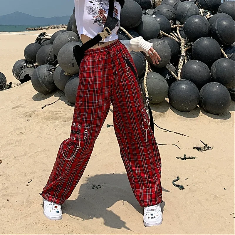 Red Plaid Pants Classic Retro All-match Casual High Street Fashionable Cool Confident Youth Hip-hop Women Autumn Straight Leg