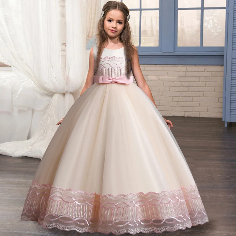 2022 new girls\' embroidered bow princess dress children\'s fashion temperament mesh dress banquet host show evening dress