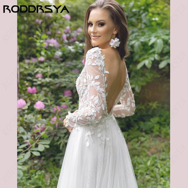 RODDRSYA Lace Mangas Compridas Vestidos Weeding Sexy V-Neck A-Line Vestidos De Noiva Romântico Backless Tulle Custom Made Appliques Boho Lace Mangas Compridas Vestidos Weeding Sexy V-Neck A-Line Vestidos De Noiva Român