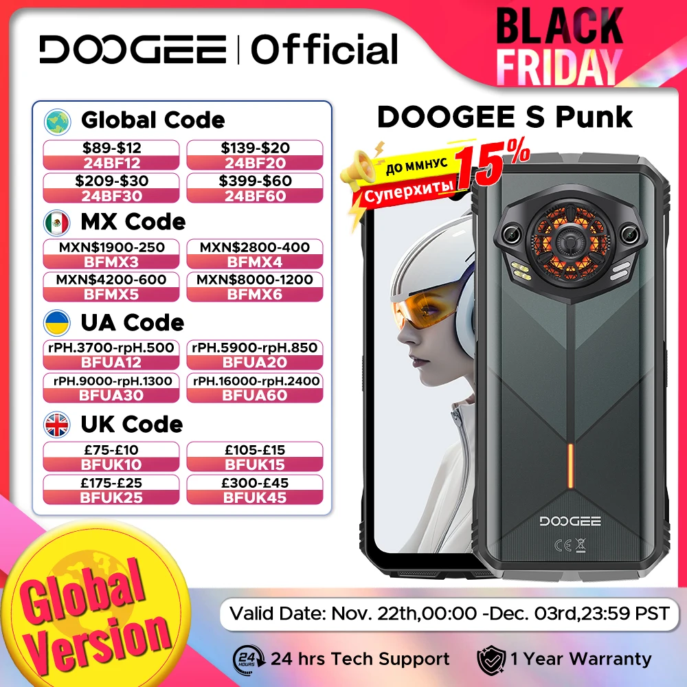 الإصدار العالمي DOOGEE S Punk هاتف متين 6GB + 256GB 6.58 "60 هرتز 34 مللي متر مكبر صوت كبير LED ضوء 10800mAh أندرويد 14 الهواتف المحمولة