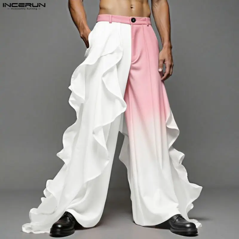 INCERUN Men Pants Gradient Tie Dye Button Ruffle Casual Wide Leg Trousers Men Streetwear Loose Fashion Casual Long Pants S-5XL