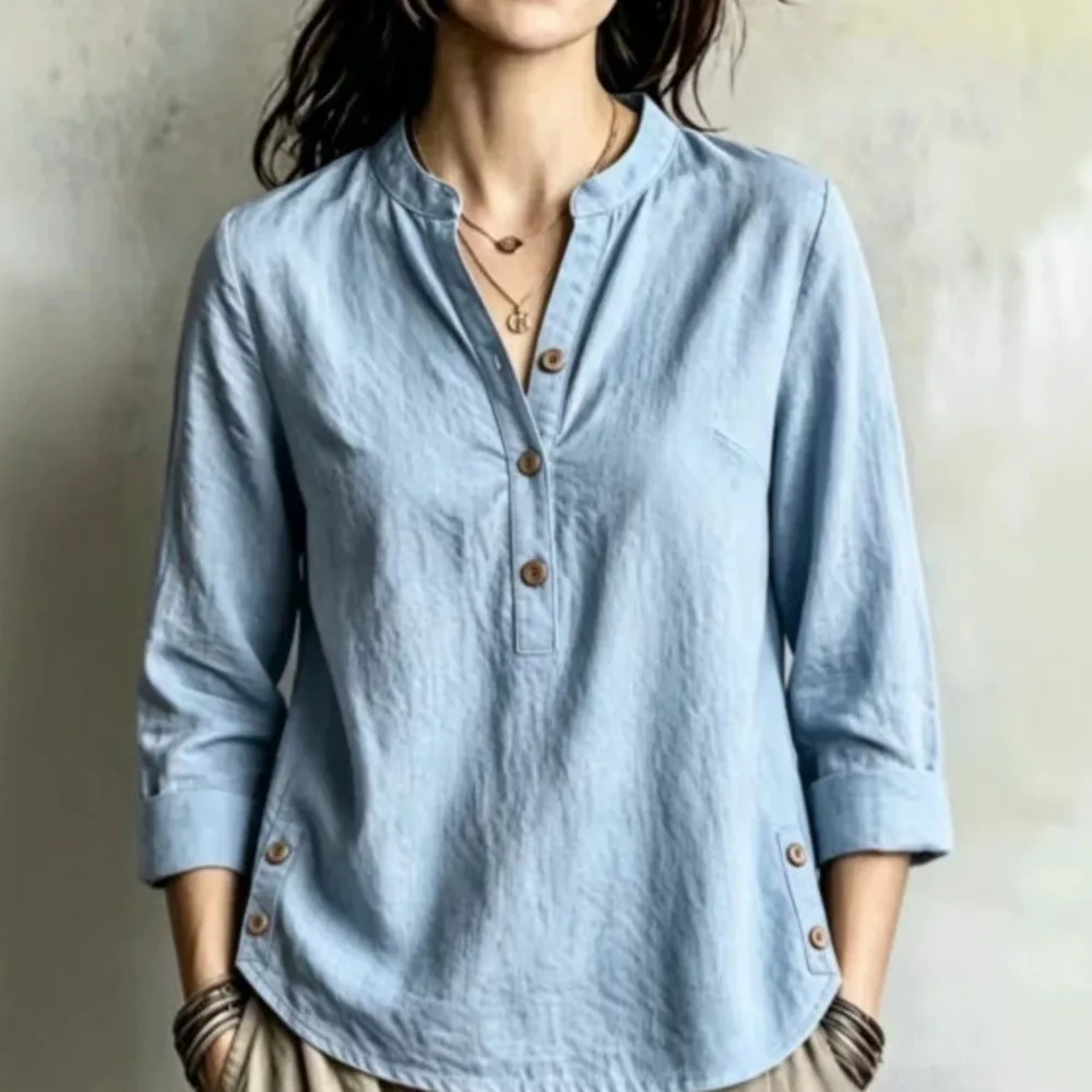 2026 Summary Loose Women's T-shirt Stand Necklace Side Button Half-button Lines Three-quarter Sleeve Shirt Wedding Dress Boho