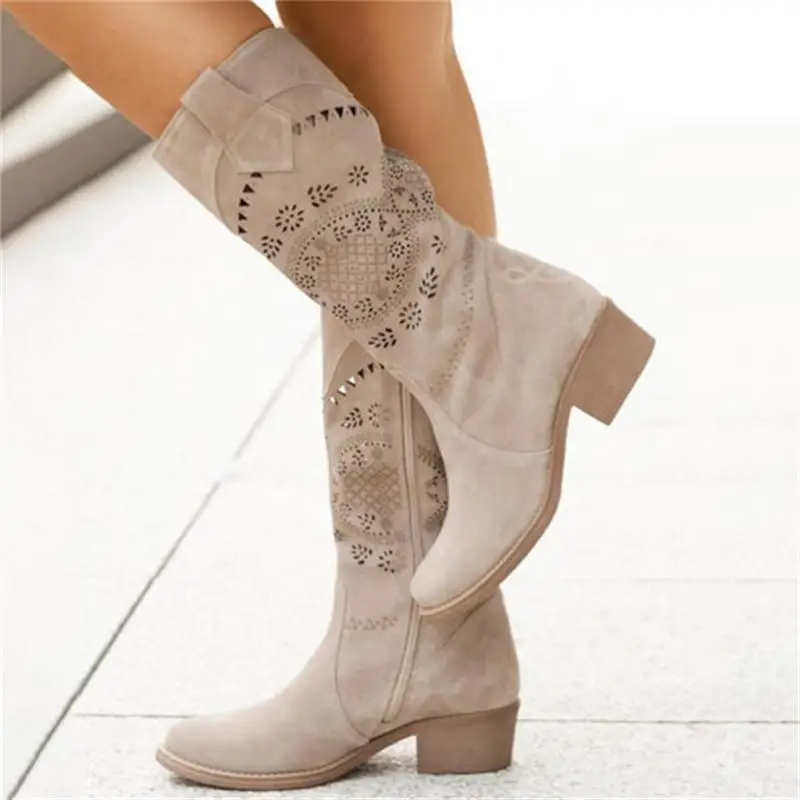 2022 Suede Women Boots Vintage Flower Hollow Zipper Female Shoes Low Heel Pointed Toe Lady Mid-Calf Booties Autumn Winter Botas