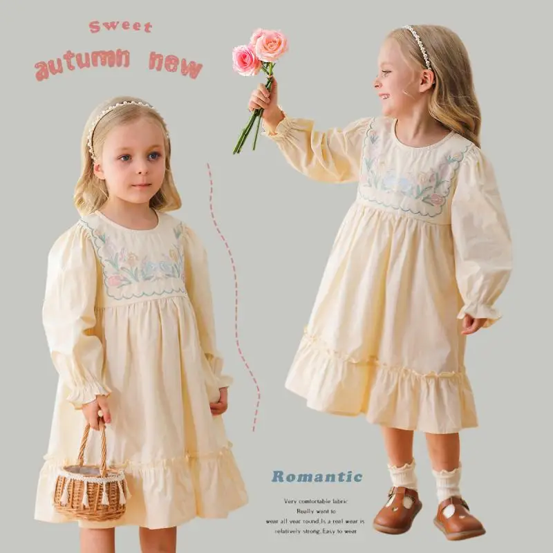 2024 Girls Flower Embroidered Elegant Dresses Round Neck Long Sleeves Holiday Dress Girl Simple Casual Clothing for Children Kid