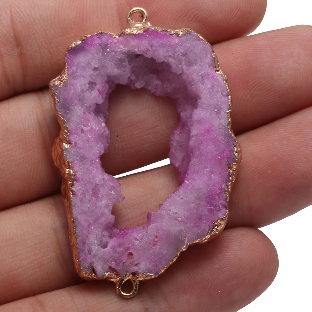 Natural Druzy Agates Pendant Connectors Irregular Gold Plated Double Hole Connectors for DIY Jewelry Making