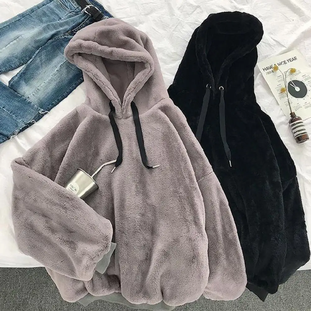 Trendy Plush Hoodie  Drawstring Skin-Touch Couple Sweatshirt  Boys Girls Casual Hoodie Pure Color Plush Sweatshirt