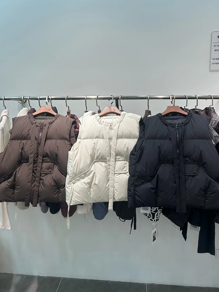 

Autumn Winter Puff O Neck Lace Up Down Vest Women White Duck Down Zipper Solid Sleeveless Vest Female Warm Thick Loose Waistcoat