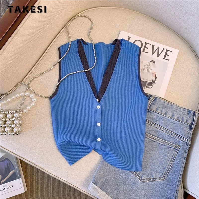 Fake Two Pieces Sweater Vest Women 2024 Summer Sleeveless V-neck Tops Knitwear Stylish Fashion Chic Sexy Ladies Jumpers Vests