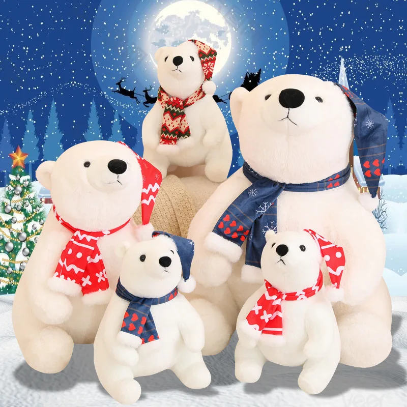 Kawaii White Polar Bear With Scarf Christmas Party Decor Plush Toys Cute Soft Stuffed Animal Peluche Bear Pillow Birthday Gifts