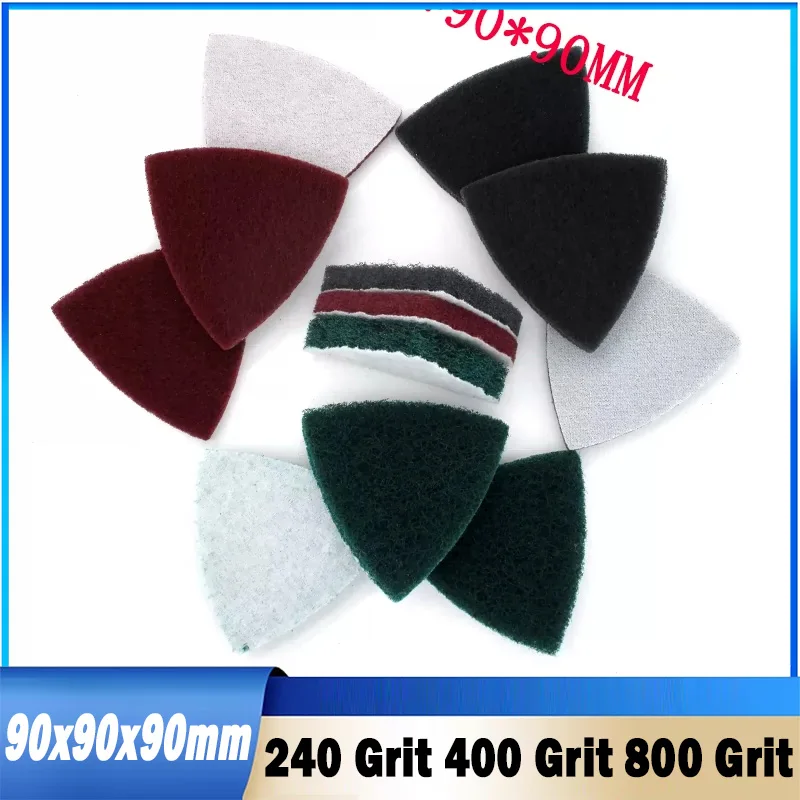 5Pcs 90x90x90mm Multi-purpose Triangle Scouring Pad Hook&Loop 240/400/800 Grit Industrial Heavy Duty Nylon Cleaning Cloth