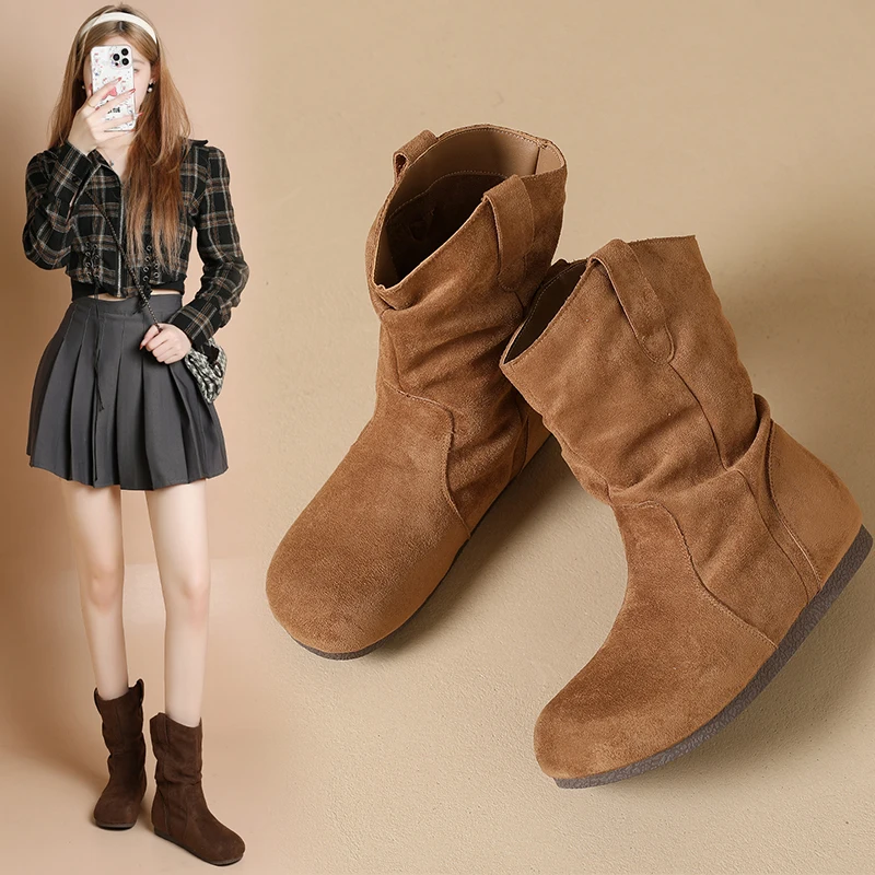 

Knee-high short boots, mid-calf boots, retro versatile, slim boots V12-61