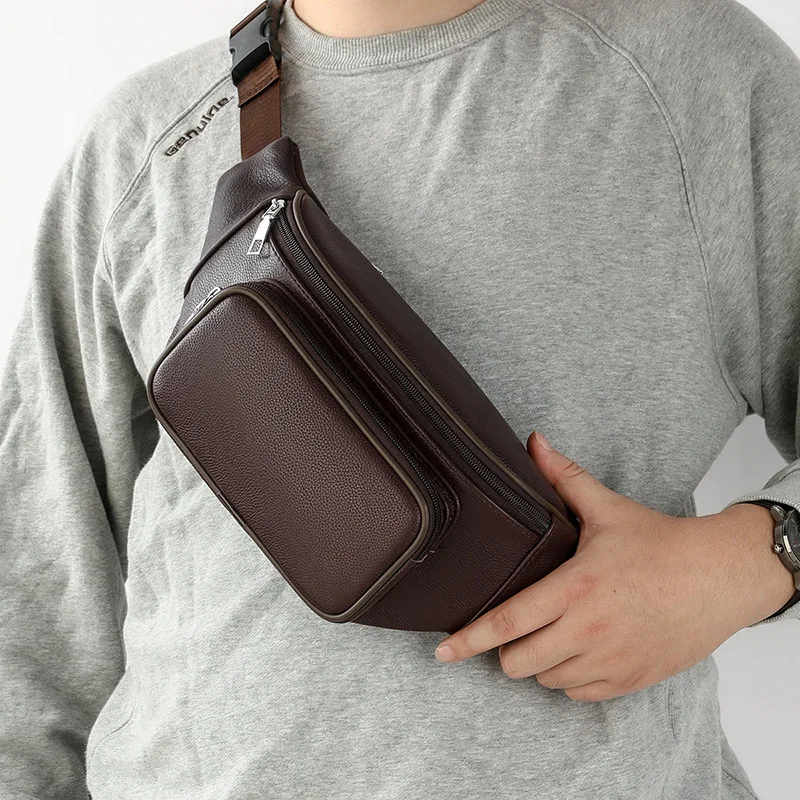 

Genuine leather men's waist bag with multiple pockets, large capacity crossbody bag and cycling chest bag