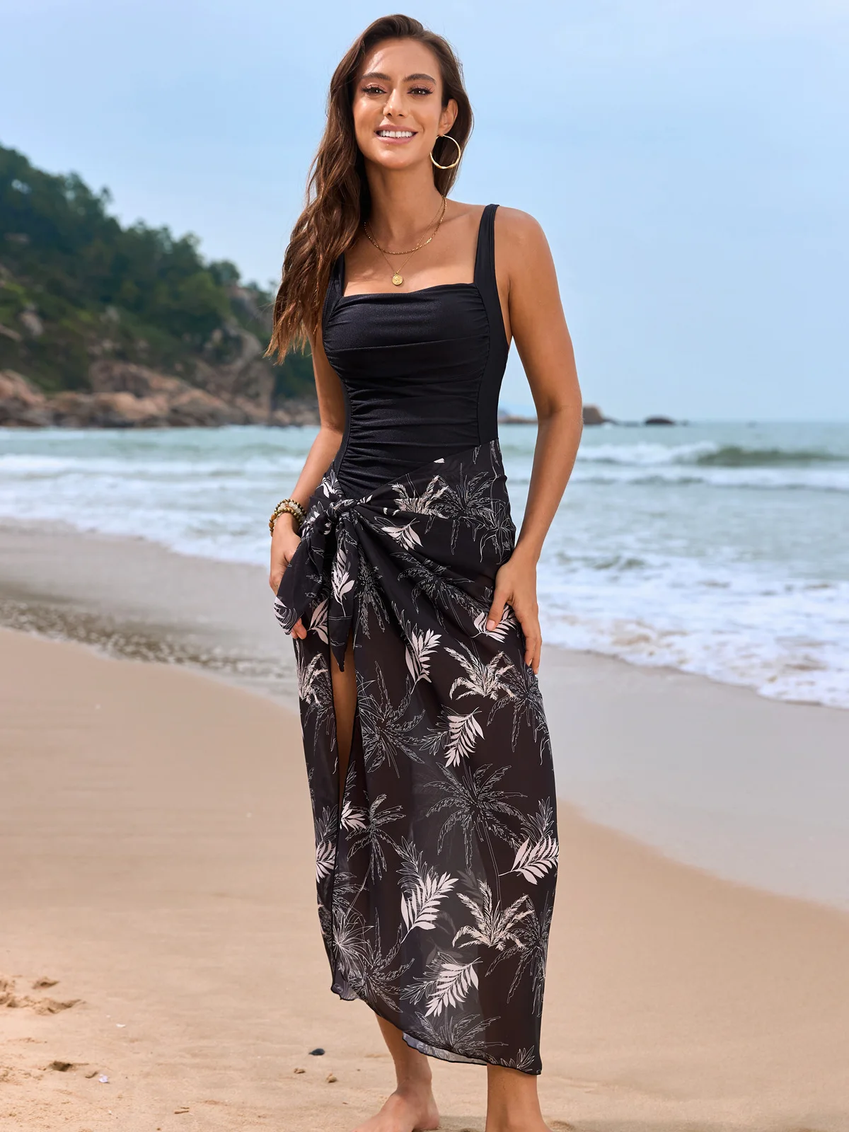 2024 Women Swimwear 2PC Cover-up Swimsuit Ruffle Solid Printed Deep V One-piece Monokini Kimono Bikini Suit Summer Beachwear