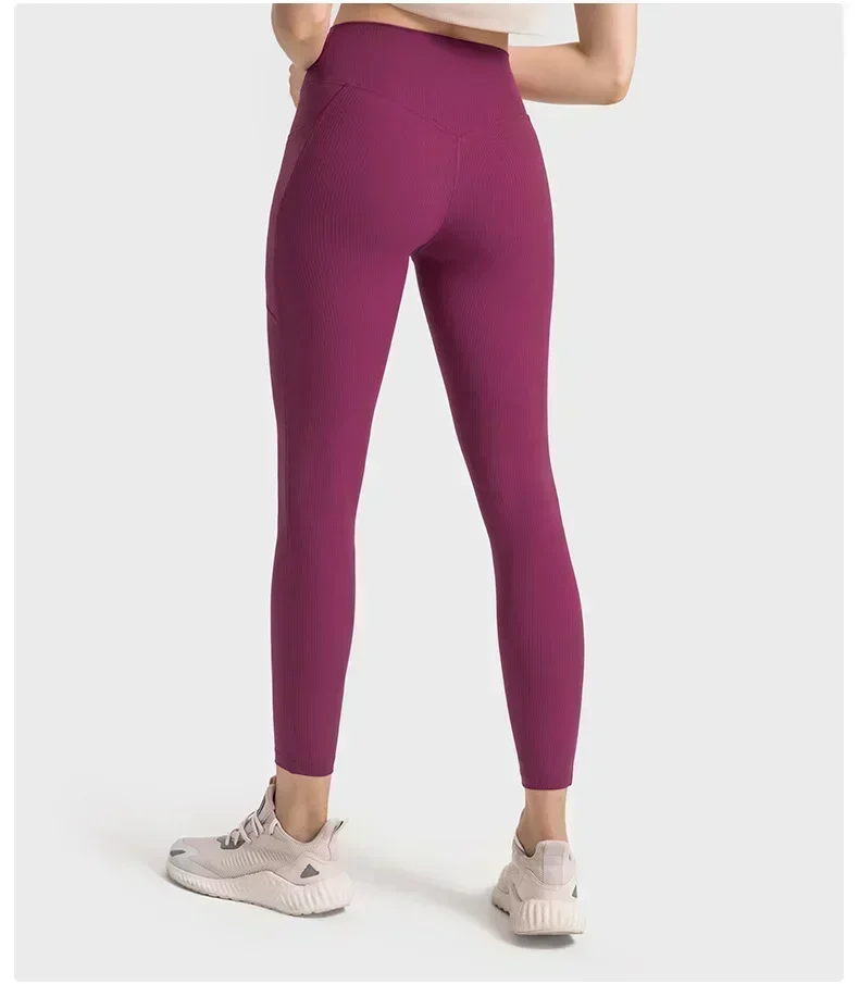 Lemon Women High Waist Ribbed Fabric Leggings with Pockets Gym Running Sport Yoga Pants Outdoor Jogging Sport Tights Trousers